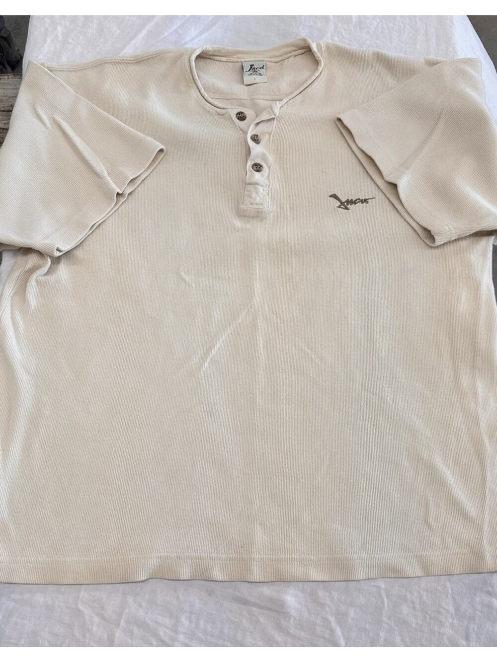 VTG 90’s JNCO Henley Men’s Size 1 Short Sleeve Shirt Embroidered Beige Ribbed